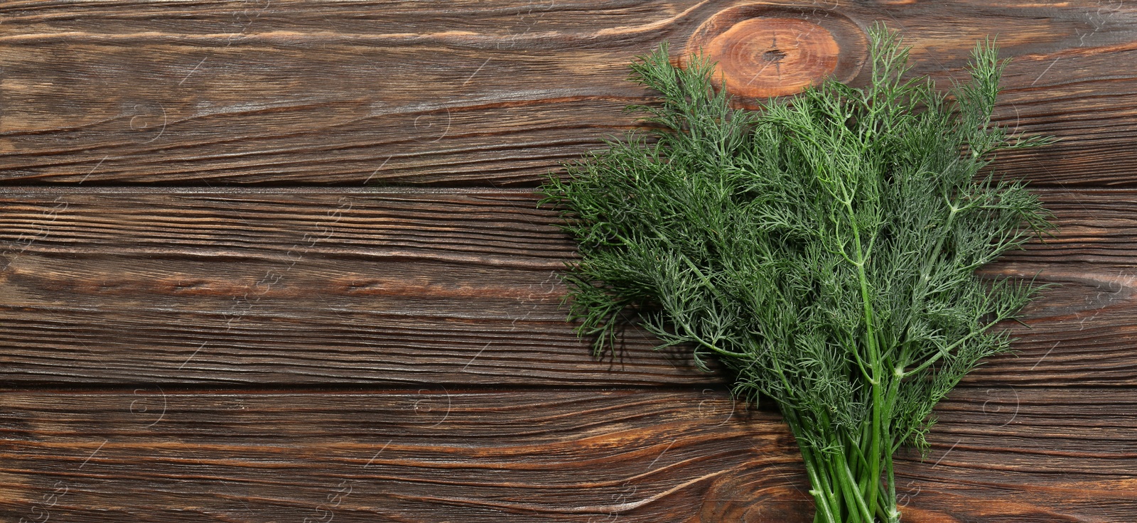 Image of Fresh dill on wooden table, top view. Banner design with space for text