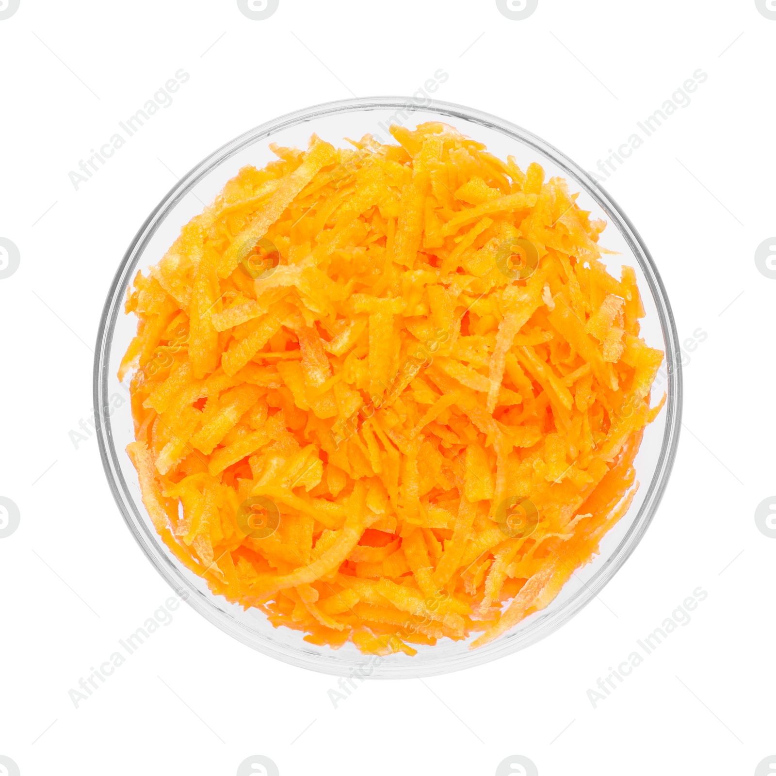 Photo of Fresh grated carrot in glass bowl isolated on white, top view