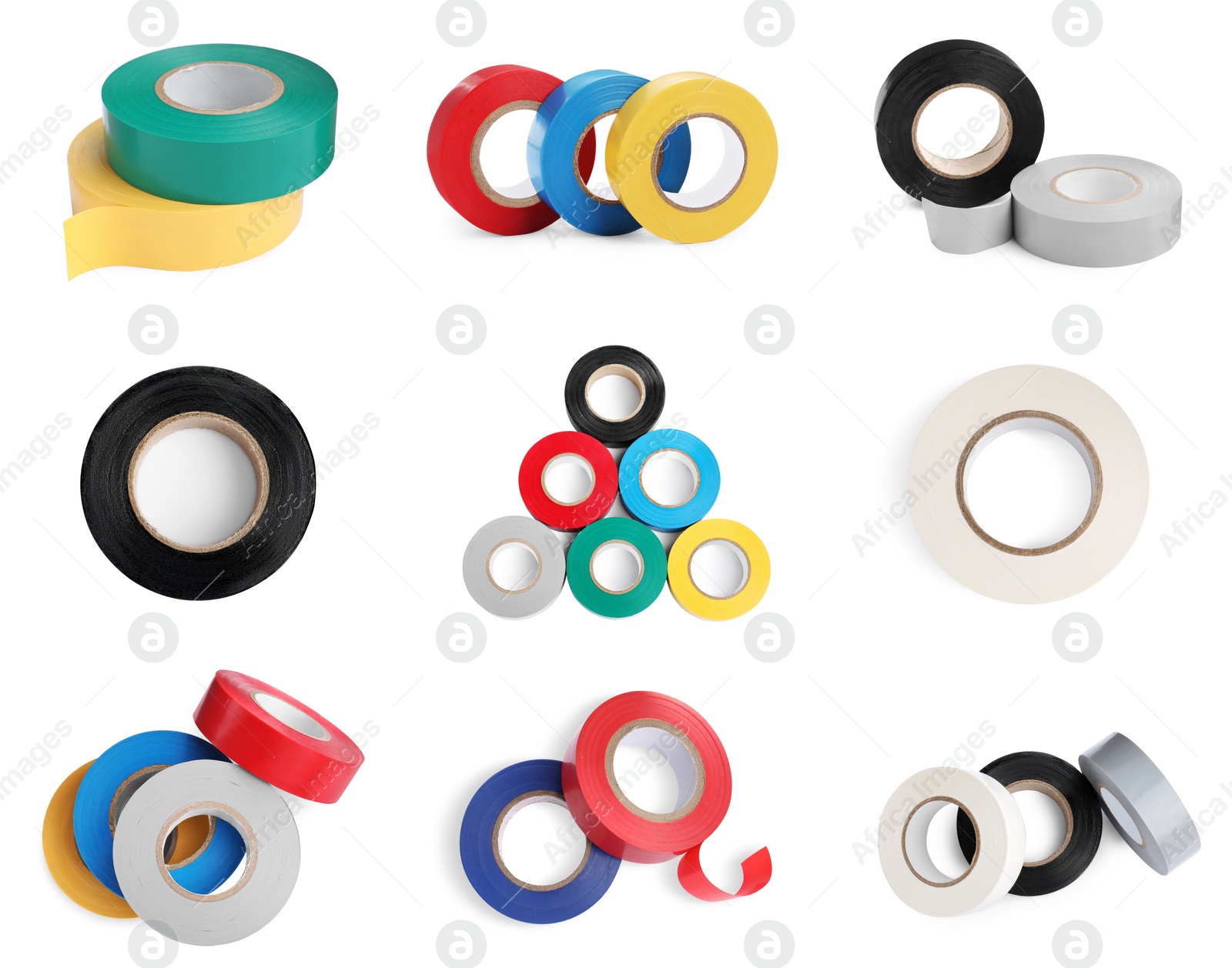 Image of Collage with many colorful insulating tapes on white background