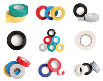 Image of Collage with many colorful insulating tapes on white background