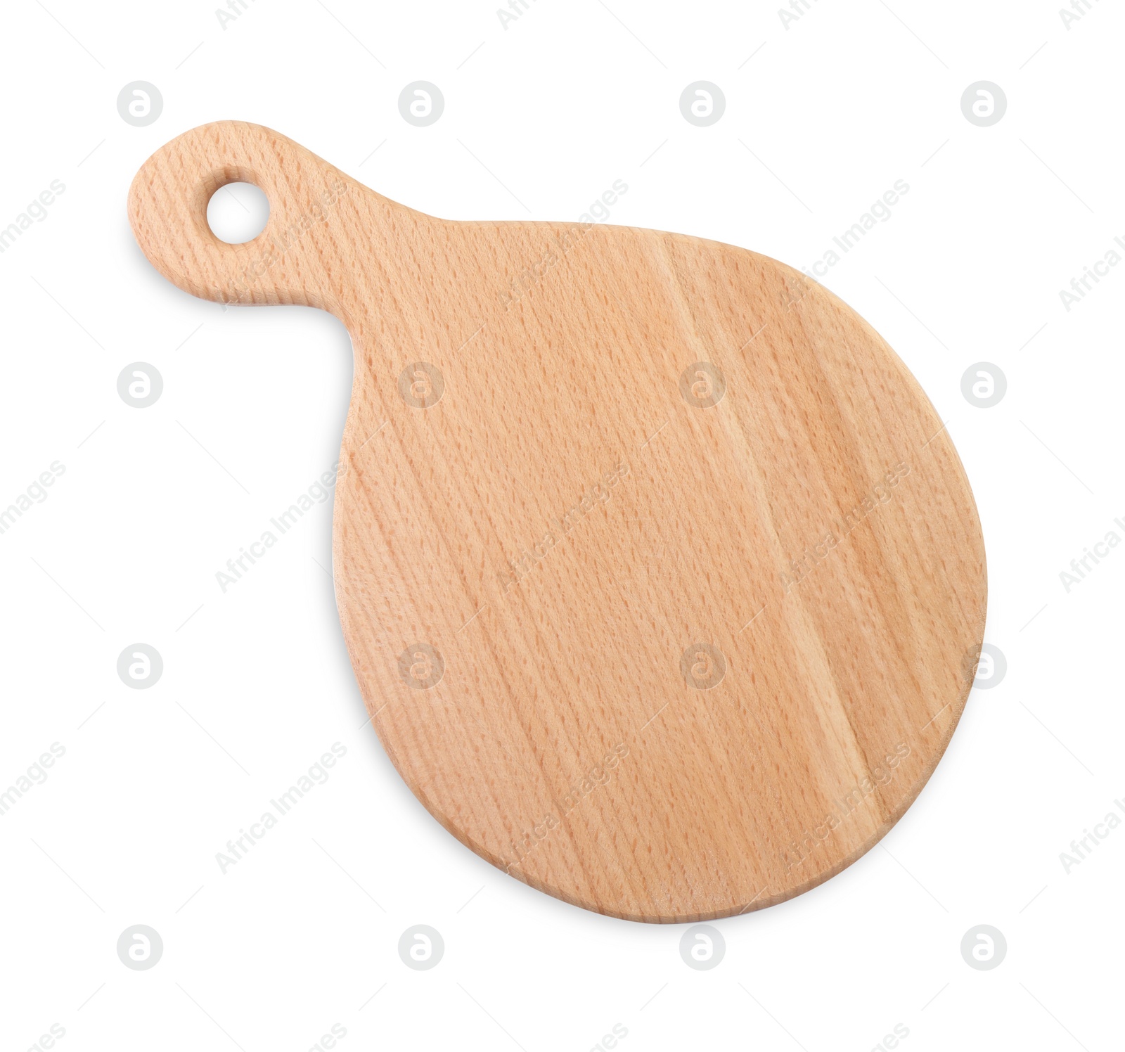 Photo of New wooden cutting board isolated on white, top view