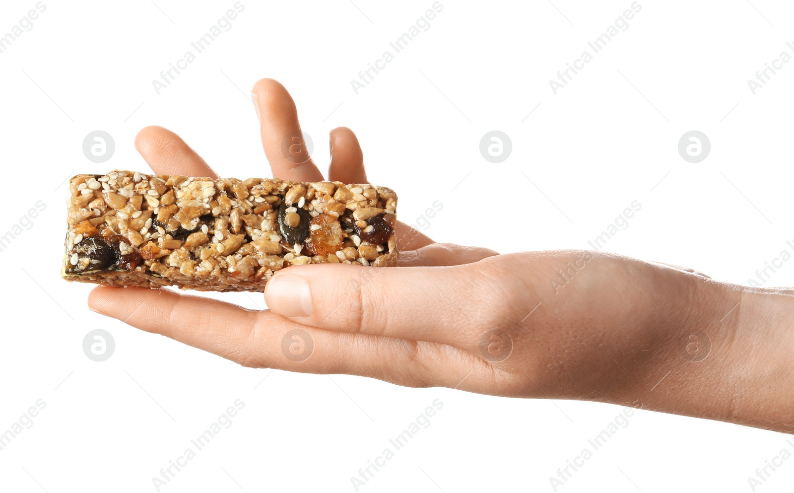 Photo of Woman holding grain cereal bar on white background. Healthy snack