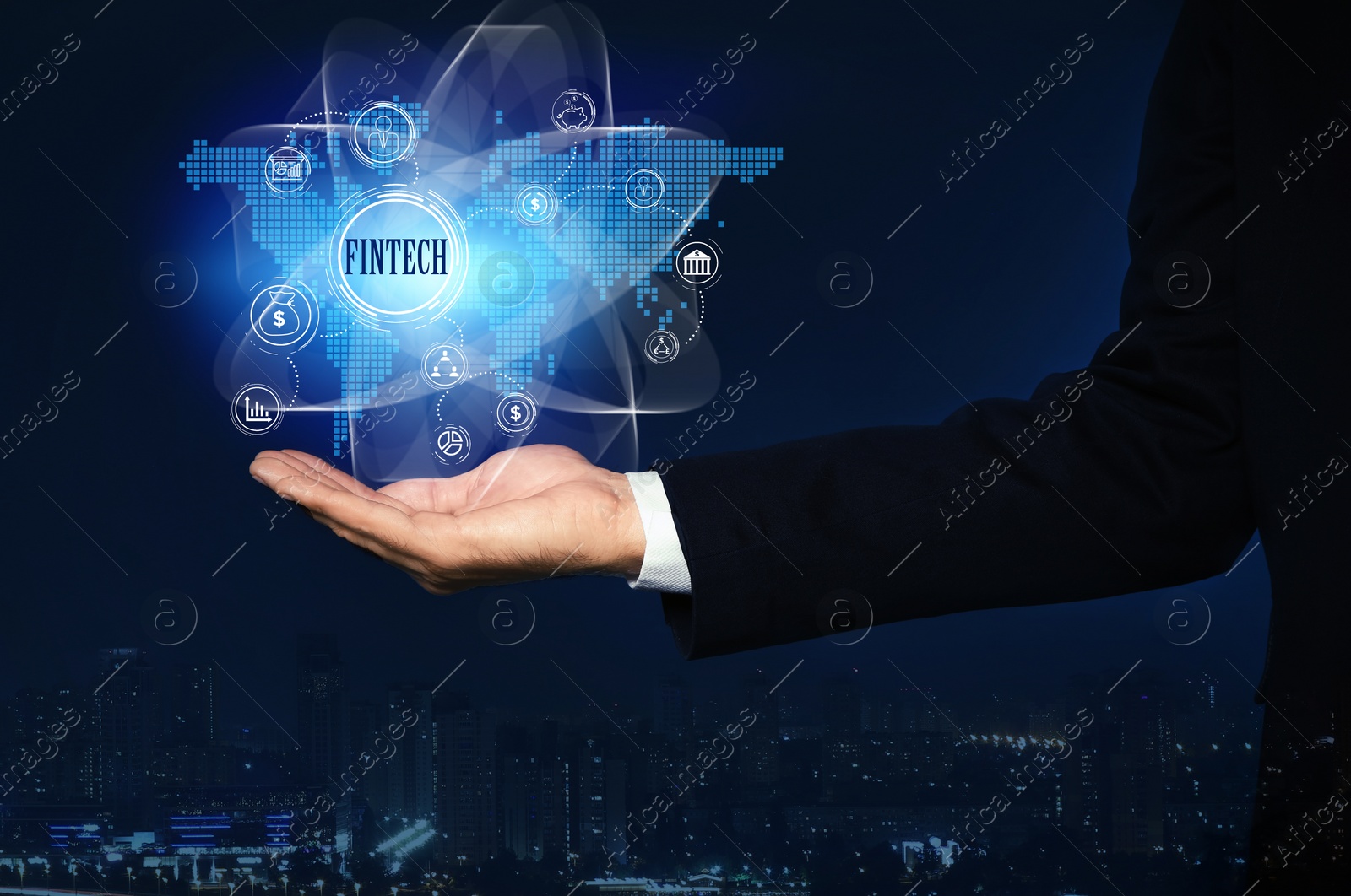 Image of Fintech concept. Man demonstrating world map and different icons, closeup