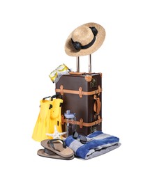 Photo of Suitcase, straw hat and other beach accessories isolated on white
