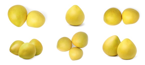 Image of Collage with fresh pomelo fruits on white background