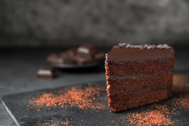 Delicious chocolate cake on grey table, space for text