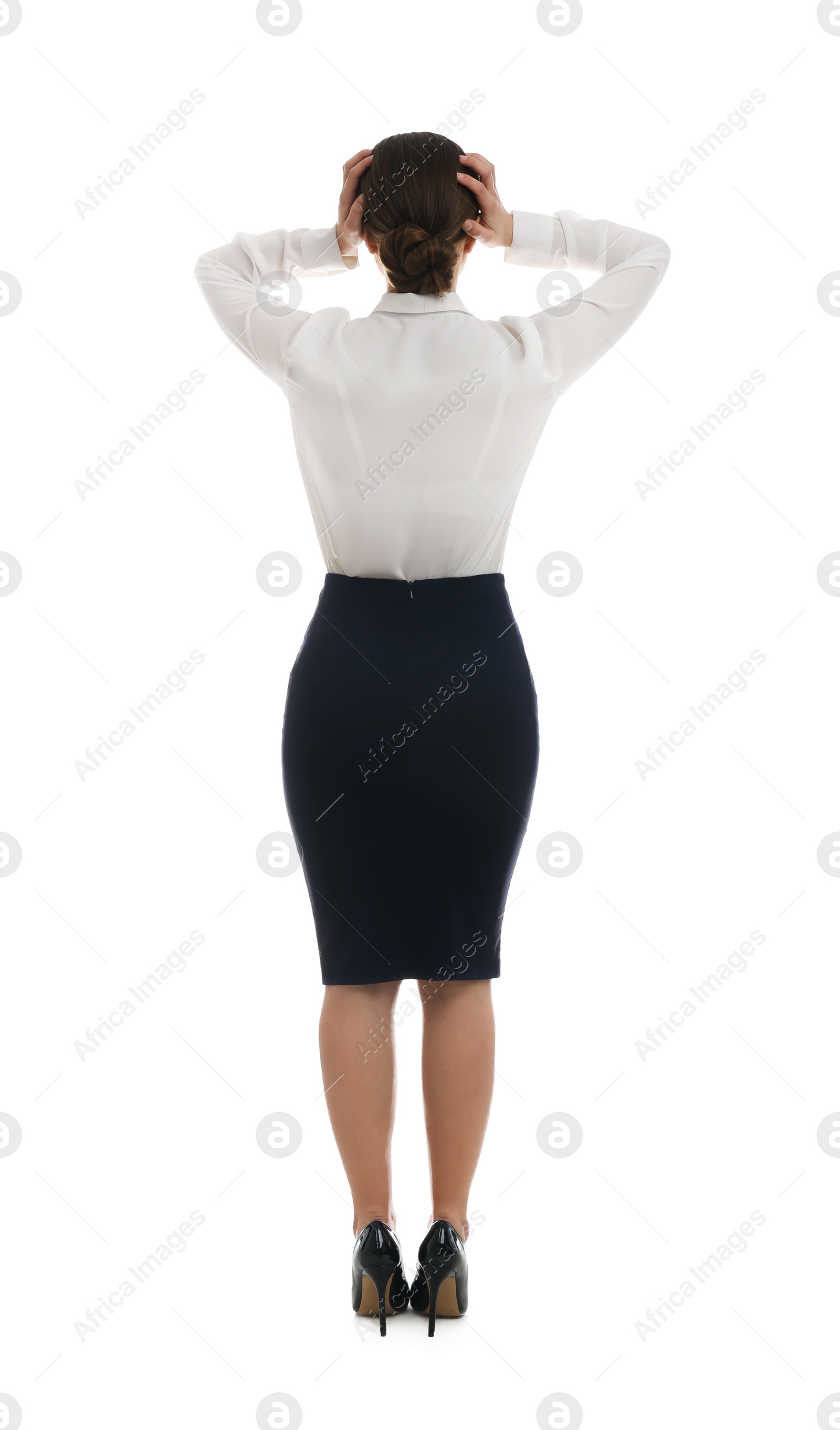 Photo of Young woman on white background, back view