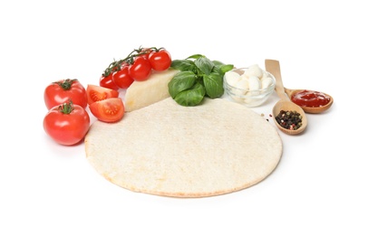 Composition with pizza crust and fresh ingredients isolated on white