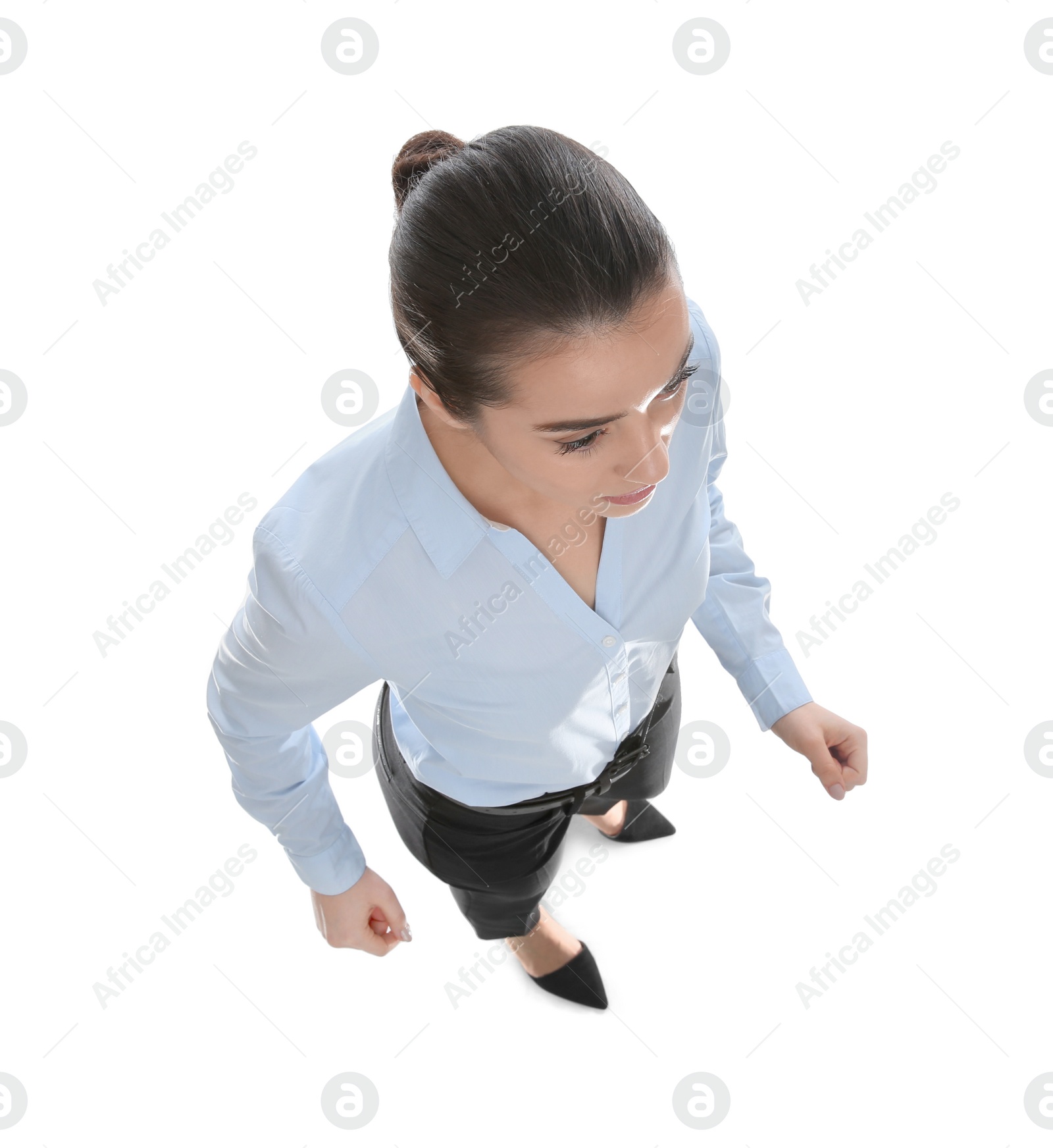 Photo of Young businesswoman in elegant suit on white background, above view