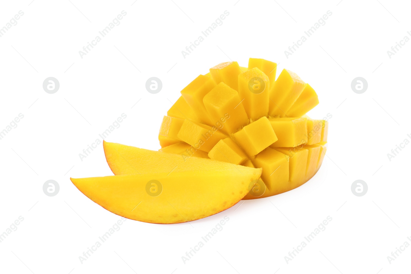 Photo of Cut ripe mango isolated on white. Exotic fruit