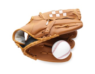 Leather baseball glove with ball isolated on white, top view