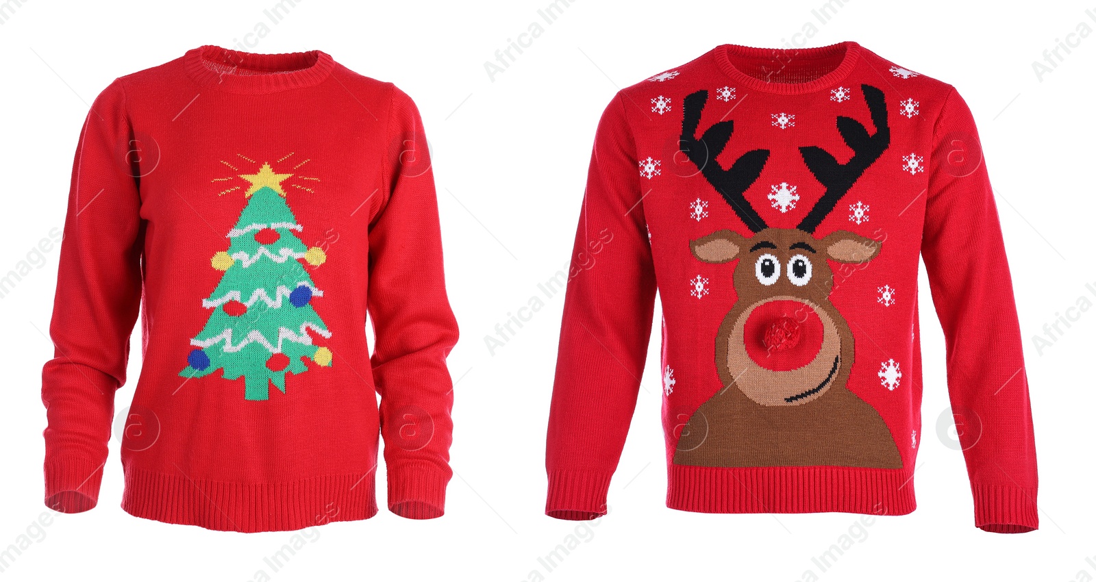 Image of Two red Christmas sweaters on white background