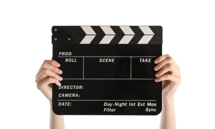 Woman holding movie clapper on white background, closeup