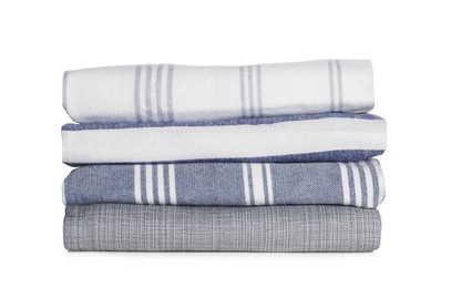 Photo of Stack of different kitchen towels on white background