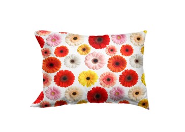 Image of Soft pillow with printed gerbera flowers isolated on white