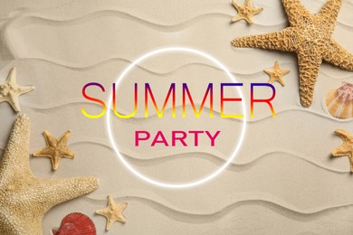 Image of Beautiful sea stars and shells on sand, flat lay. Summer Party