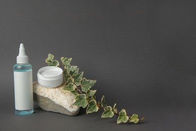 Photo of Cosmetic products, stone and ivy leaves on dark grey background. Space for text