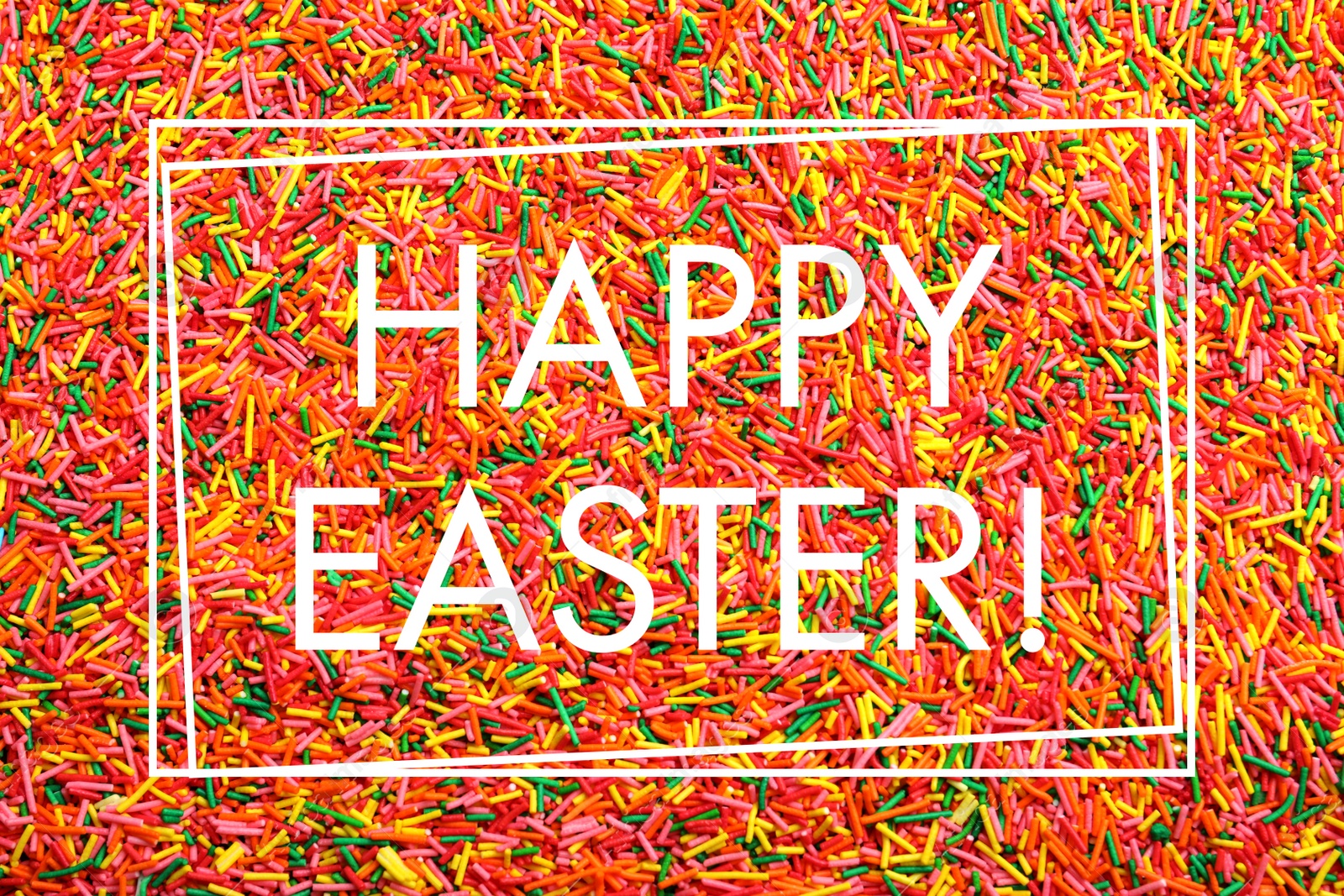 Image of Text Happy Easter and bright colorful sprinkles as background, top view. Confectionery decor