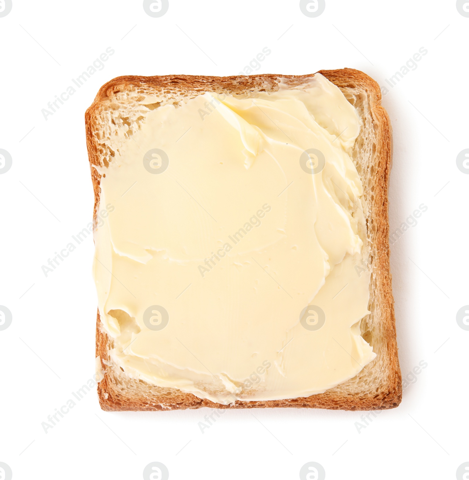 Photo of Fresh bread with butter on white background, top view