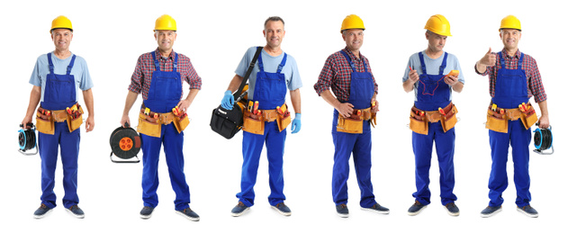 Collage with photos of electrician on white background, banner design 