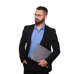 Photo of Portrait of serious man in glasses with folders on white background. Lawyer, businessman, accountant or manager