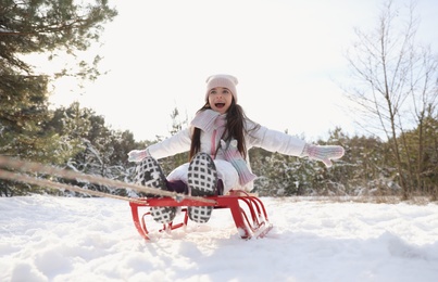 Cute little girl enjoying sleigh ride outdoors on winter day