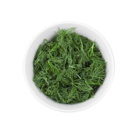 Photo of Bowl of fresh dill isolated on white, top view