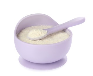 Photo of Dry healthy baby food in bowl on white background