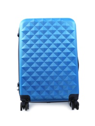 Photo of Modern suitcase for travelling on white background, top view