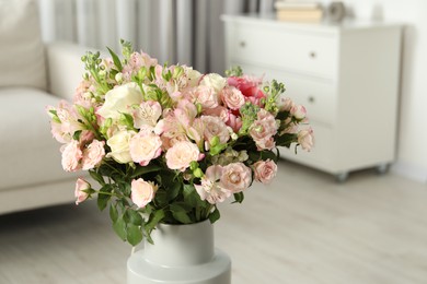 Photo of Beautiful bouquet of fresh flowers in vase indoors, space for text