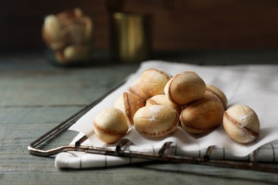 Freshly baked homemade walnut shaped cookies, closeup