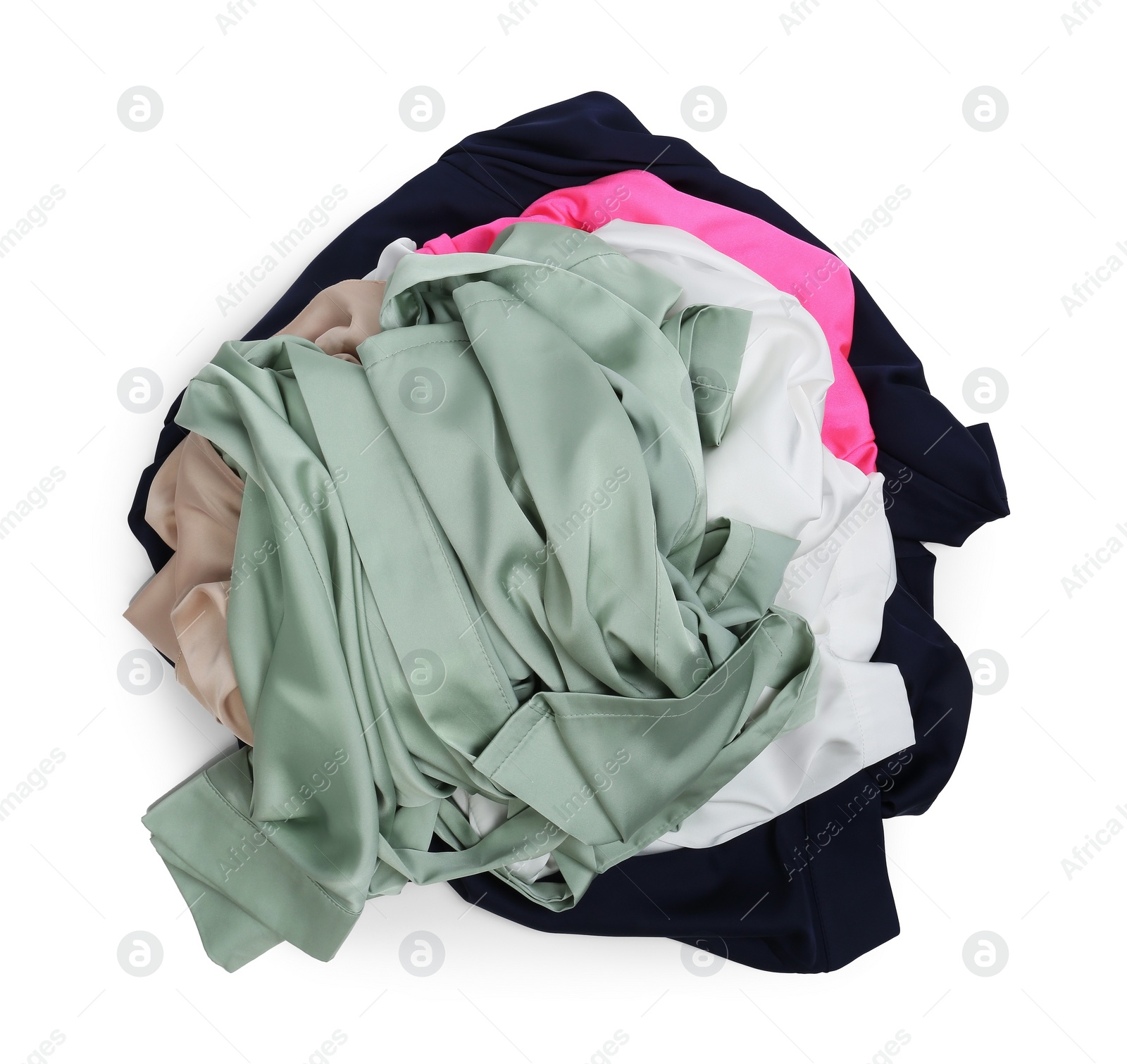 Photo of Pile of clothes isolated on white, top view