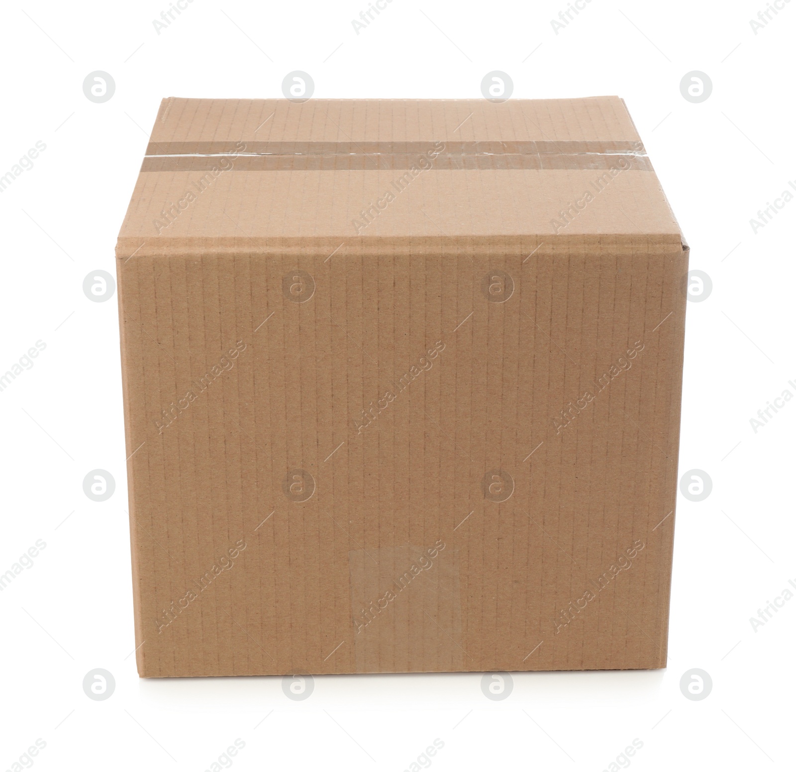 Photo of One closed cardboard box on white background