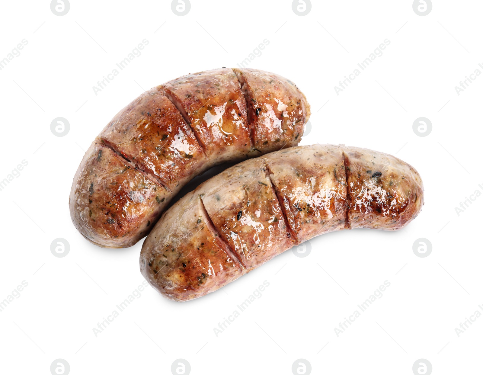 Photo of Tasty fresh grilled sausages isolated on white, top view