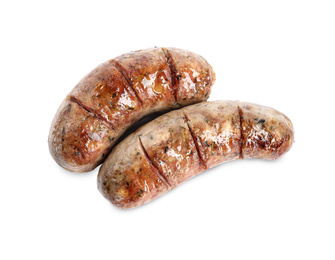 Tasty fresh grilled sausages isolated on white, top view