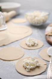 Process of making dumplings (varenyky) with cottage cheese. Raw dough and ingredients on grey table, closeup