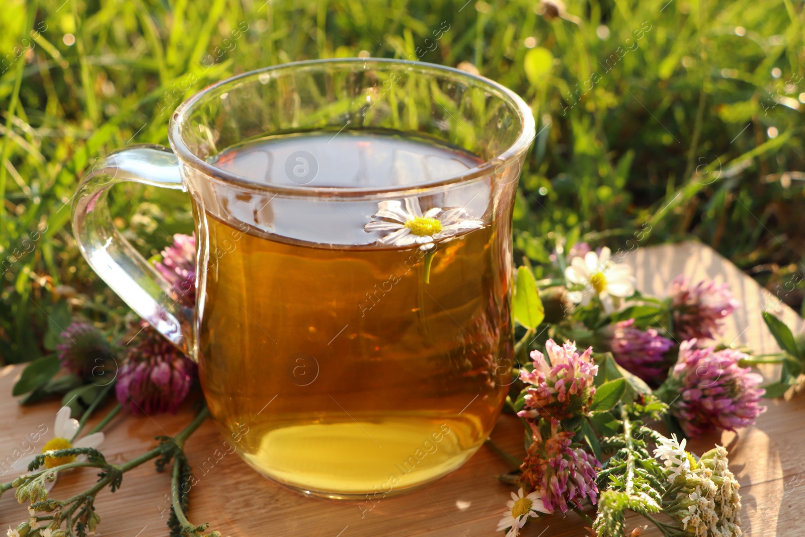 Photo of Cup of aromatic herbal tea and different wildflowers on wooden board in meadow