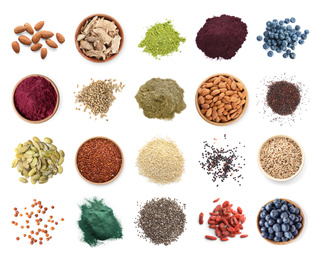 Image of Set of different superfoods on white background, top view