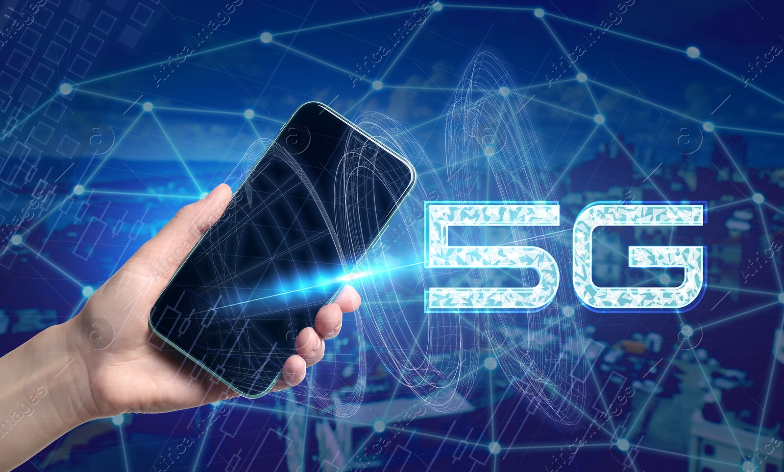 Image of Woman holding smartphone with 5G network system outdoors, closeup 