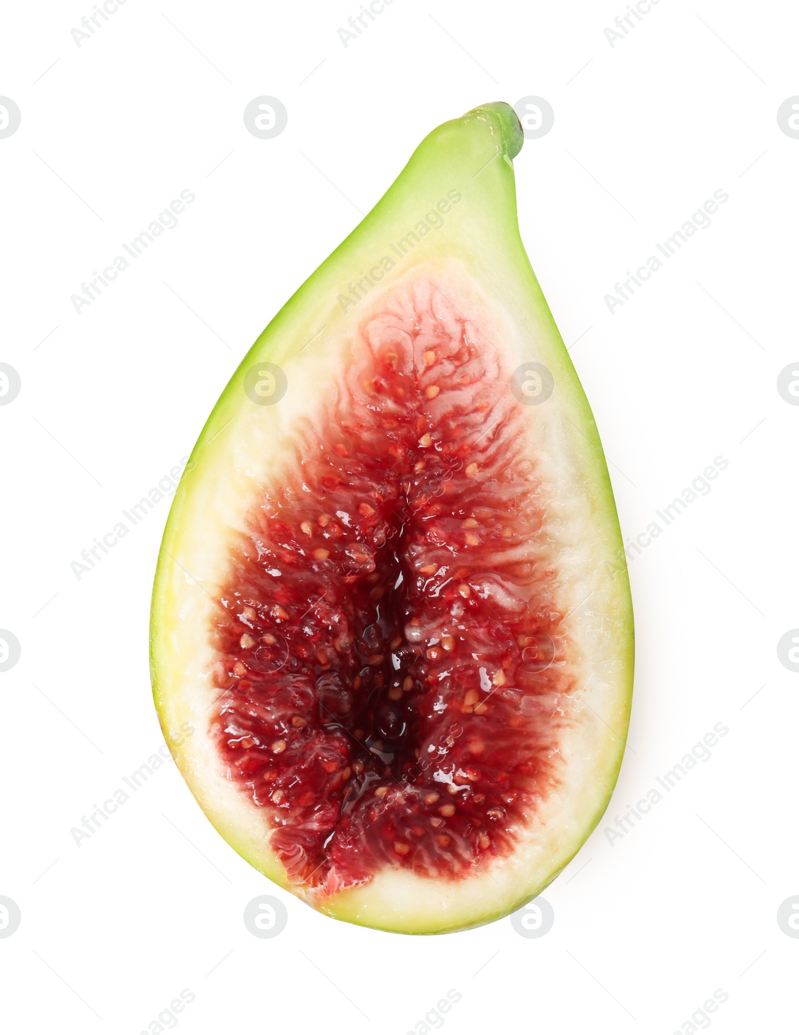 Photo of Half of fresh green fig isolated on white, top view