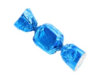 Photo of Tasty candy in light blue wrapper isolated on white