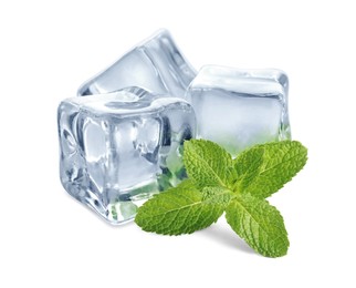 Image of Green mint and ice cubes isolated on white