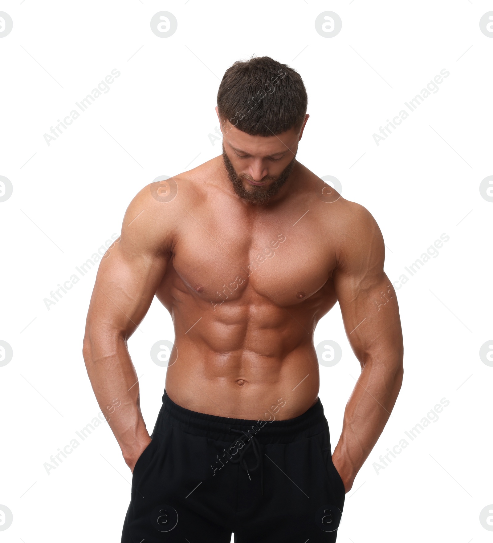 Photo of Young bodybuilder with muscular body on white background