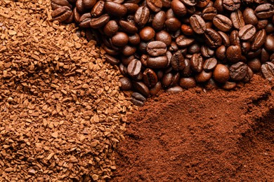 Photo of Different types of coffee as background, top view
