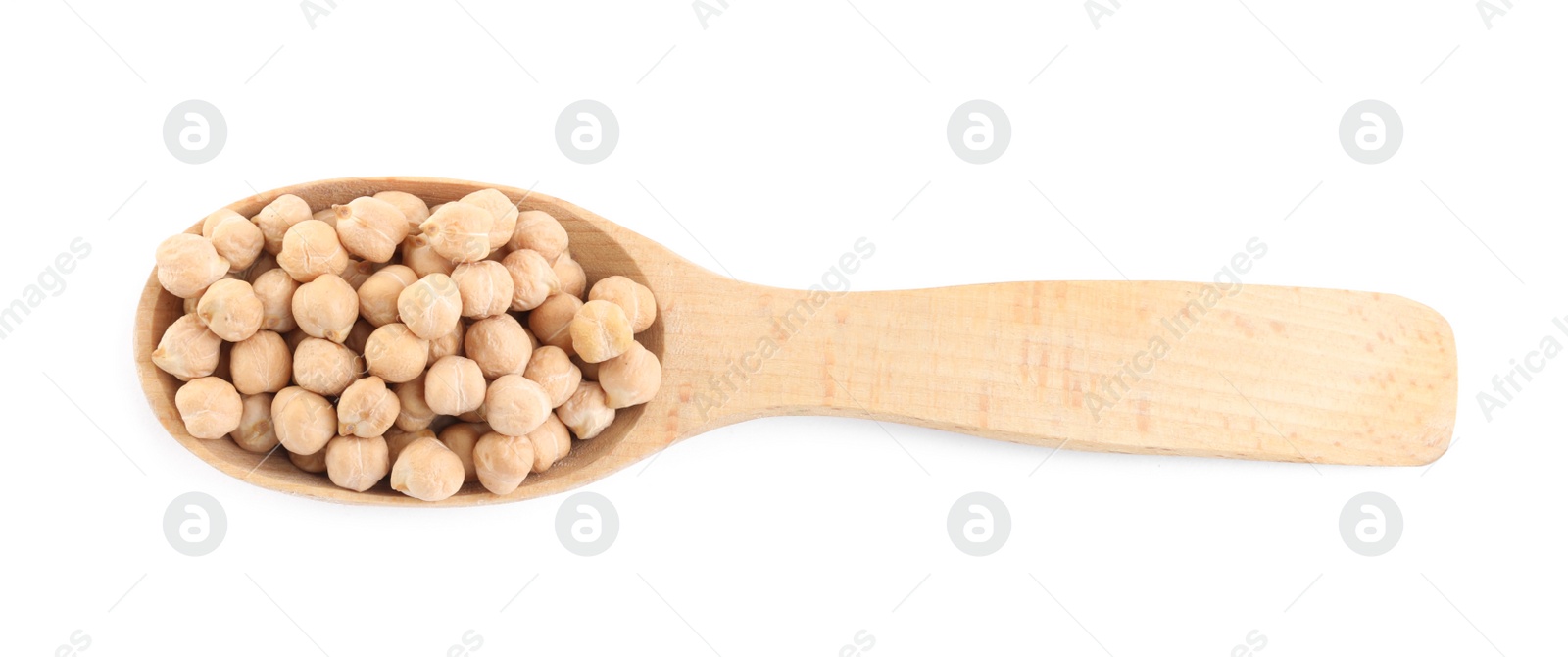 Photo of Wooden spoon with chickpeas on white background, top view. Natural food