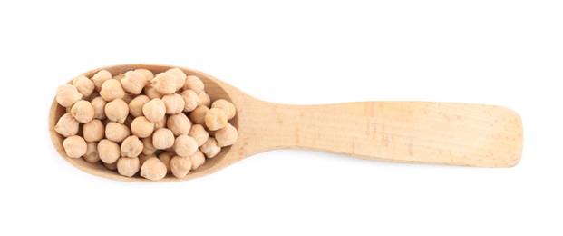 Photo of Wooden spoon with chickpeas on white background, top view. Natural food