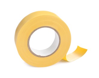 Photo of Yellow insulating tape isolated on white. Electrician's supply