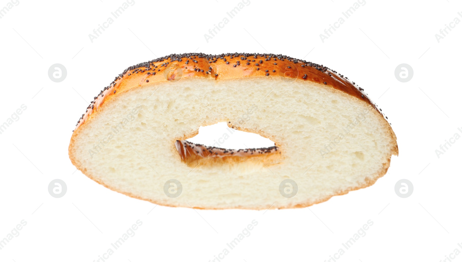 Photo of Half of delicious fresh bagel isolated on white