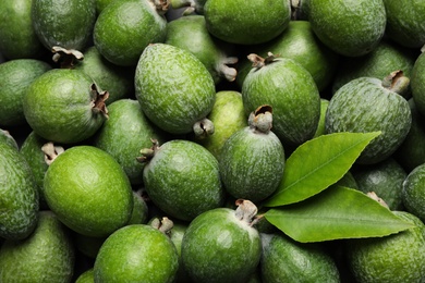 Photo of Fresh green feijoa fruits as background, closeup