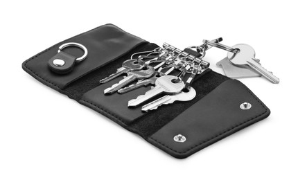 Photo of Stylish leather holder with keys isolated on white